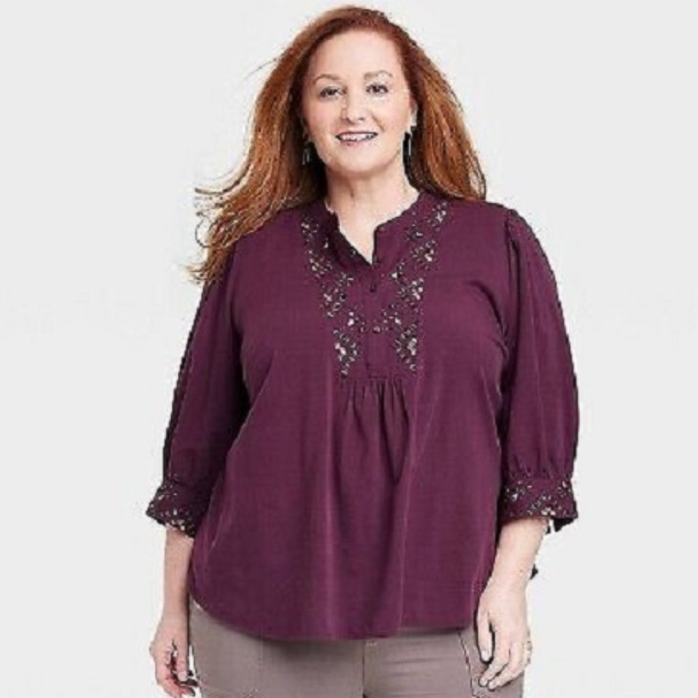 Knox Rose Women's Bishop Sleeve Embroidered Blouse Plum Passion-new with tags